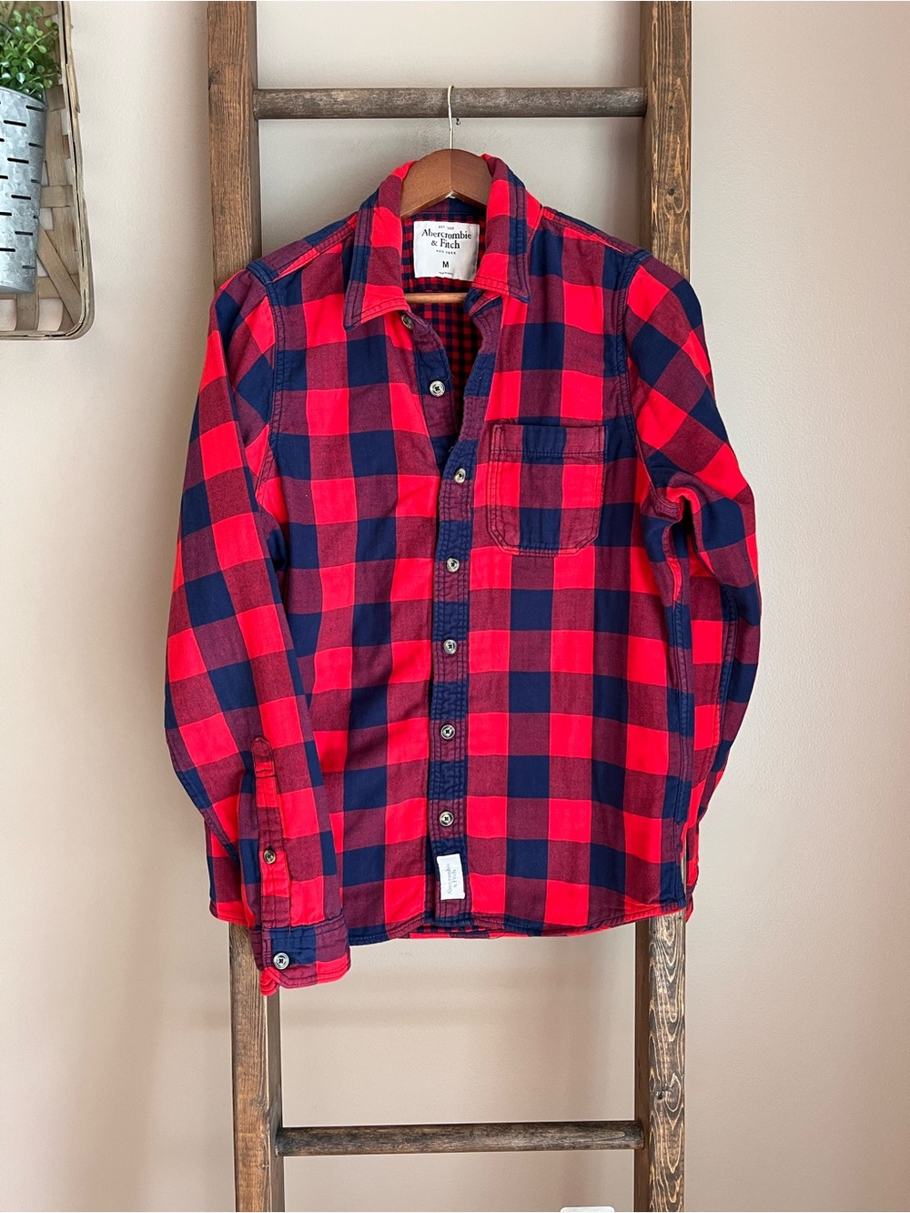 Abercrombie & Fitch Red and Navy Buffalo Double Lined Plaid Button-Down Shirt